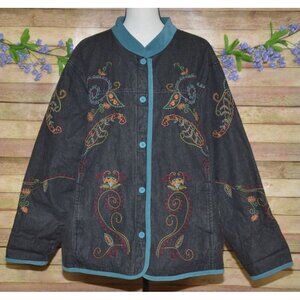 Denim & Co. Womens Plus 3X Black Denim Button Jean Jacket Embroidered Floral